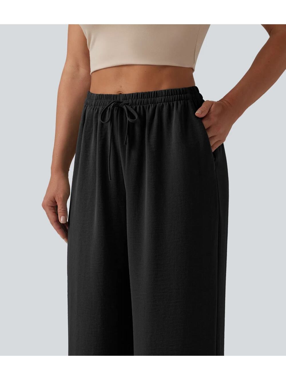 Halara Mid Rise Drawstring Wide Leg Baggy Casual Linen-Feel Pants Black Size M - Picture 7 of 8